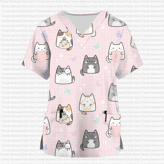 Haut à manches courtes pour femmes, col en V, imprimé animalier de dessin animé, uniforme de travail