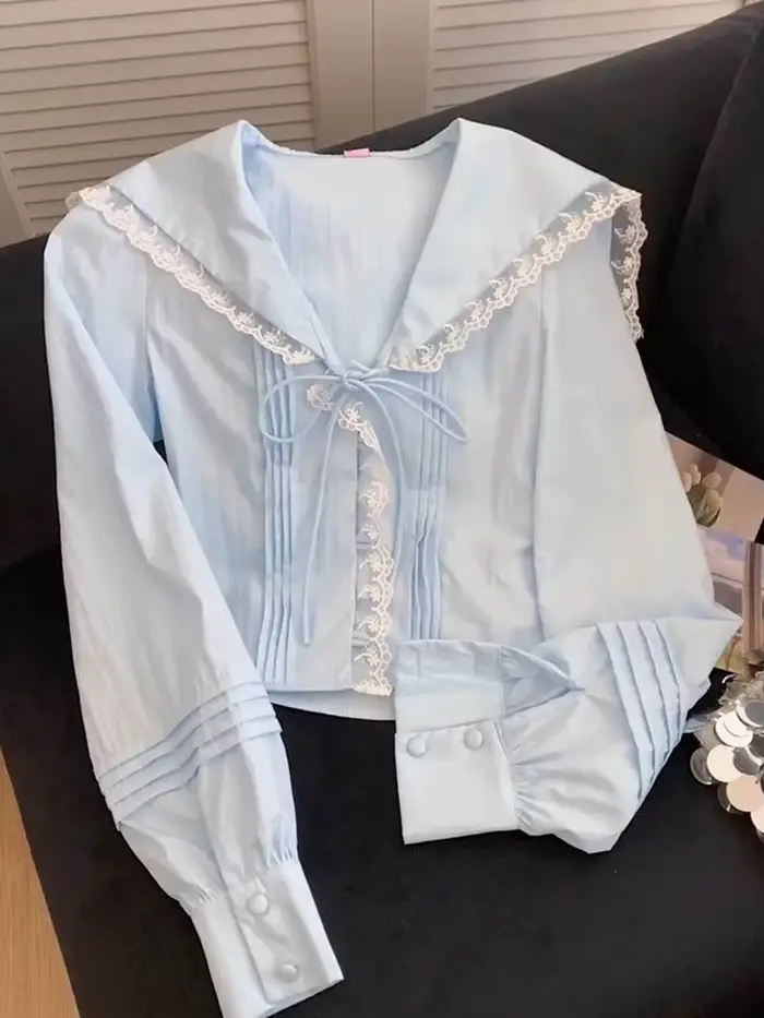 Chemise à col marin douce et mignonne pour femmes, chemisier à manches longues en dentelle à patchwo