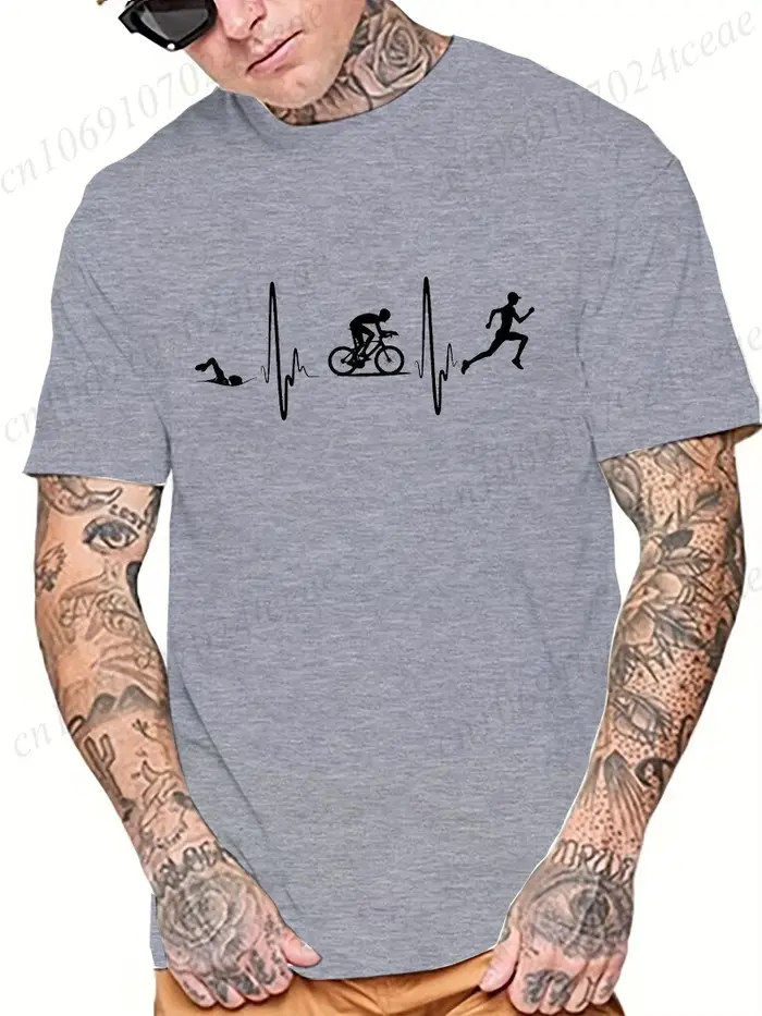 Hommes mode t-shirt décontracté hauts Cool drôle Triathlon battement de coeur conception impression