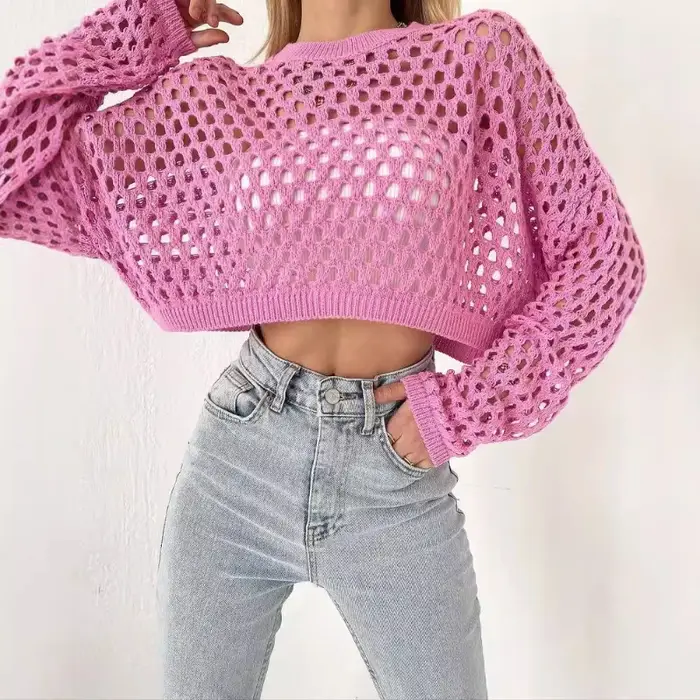 Pull ample à manches évasées et col rond pour femme, tricot ajouré