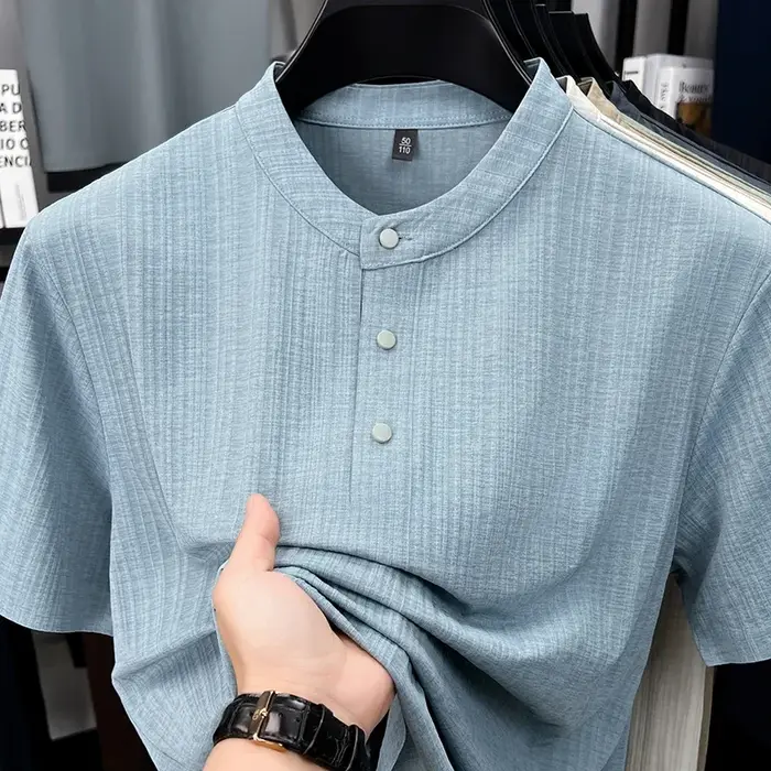 T-shirt Henley en lin texturé pour homme avec col mandarin