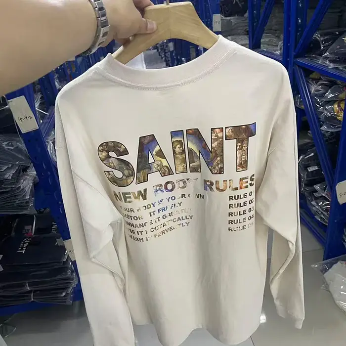 Nouveau Streetwear SAINT T-shirt à manches longues hommes femme bleu lavé surdimensionné décontracté Hip Hop col rond Style de course haut