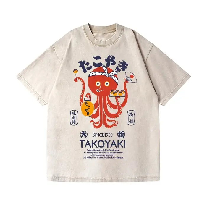 Takoyaki pour hommes Vintage Wash Design japonais T-Shirt drôle octobre imprimé à manches courtes col rond été 2025 t-shirts lourds