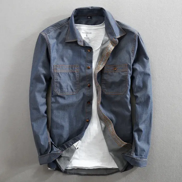 Chemise en jean à manches longues pour homme, en pur coton, coupe ajustée, mode, Denim, vêtements décontractés, haute qualité, deux poches sur la poitrine