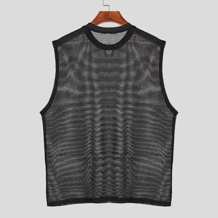 Mode hommes hauts réservoir creux Sexy maille pure Perspective gilet filet de pêche Muscle sans manches voir à travers les t-shirts pour homme