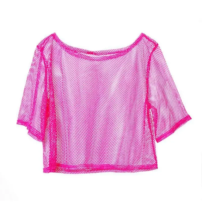 T-shirt en maille pour femme style disco des années 80, couleur unie, col rond, manches trois-quarts