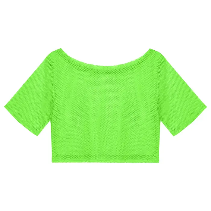 Femmes 80s Disco néon résille t-shirts hauts à manches courtes évider maille haut court Sexy Punk Camisole couverture Rave fête Clubwear