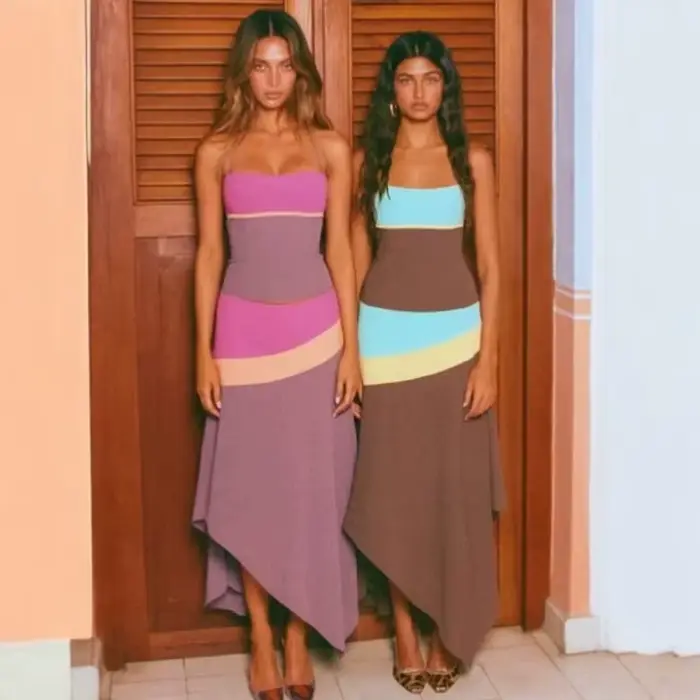 Ensemble deux pièces style bohème : Haut camisole patchwork color-block unique et jupe moulante asymétrique