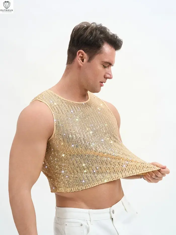 Débardeur court à paillettes pour homme – Gilet sans manches scintillant pour soirée