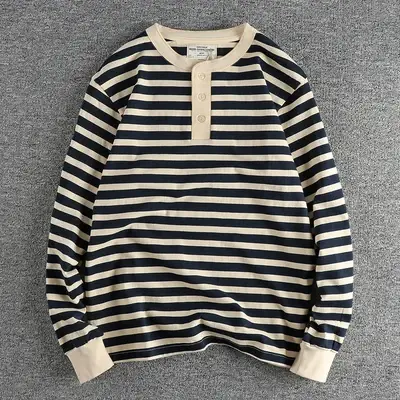Automne américain rétro 230g poids lourd col Henry rayé T-shirt hommes mode 100% coton lavé décontracté ample résistant gars hauts