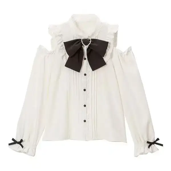 Chemisier Tendance Japonais Style Doux Blouses à Manches Longues avec Nœud pour Femme Y2K Tops de Fête 2026