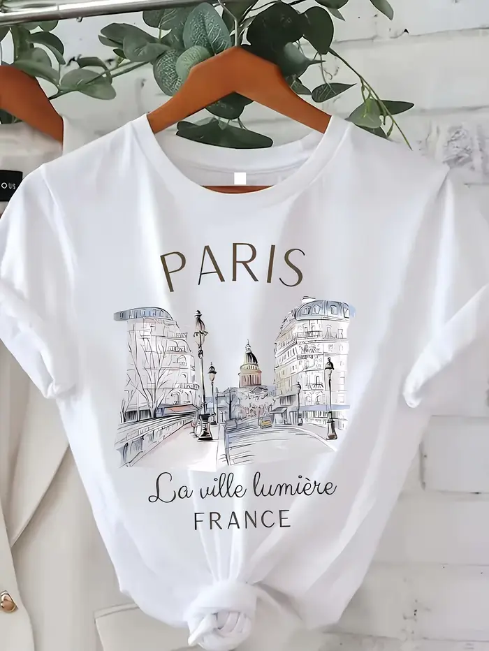 Paris femmes imprimé T-shirt fille à manches courtes col rond haut décontracté pour l'été et le printemps