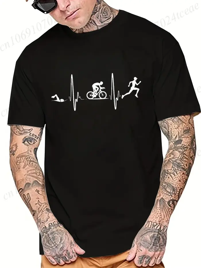 Hommes mode t-shirt décontracté hauts Cool drôle Triathlon battement de coeur conception impression