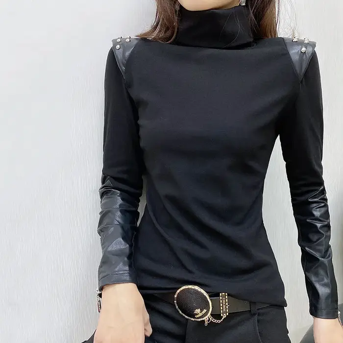 Noir dames T-shirts élégants automne hiver nouveau à manches longues demi-col haut sous-couche chemise mode polyvalent