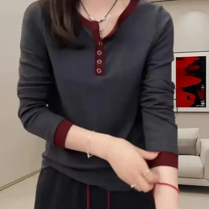 T-shirt pour femmes début d'automne, nouvelle couleur contrastée, col semi-ouvert, petite chemise, m