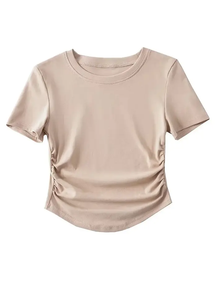 T-Shirt à Manches Courtes et Col Ras du Cou pour Femme, en Coton, avec Côtés Froncés, Style Harajuku