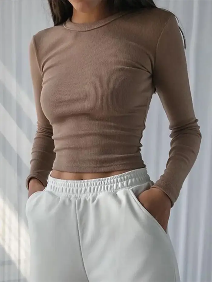 O cou à manches longues chemise femmes côtelé Sexy hauts courts 2022 printemps noir décontracté maigre mince basique femme t-shirts blanc