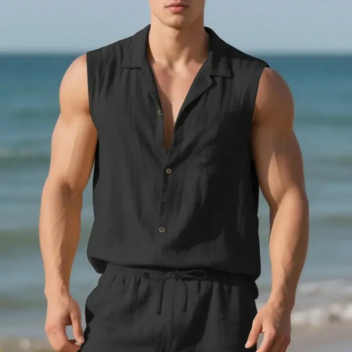 Chemise de plage ample en lin, col sans manches, décontractée, mode d'été pour hommes, vêtements de 