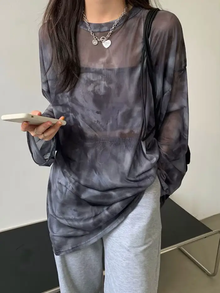 T-shirt à manches longues pour femmes, teinture par nouage, ample, élégant, fin, loisirs, minimalist