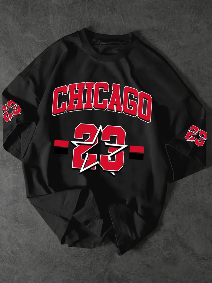 T-shirt Chicago 23 pour hommes, streetwear à col ras du cou, manches courtes, imprimé numéros et éto