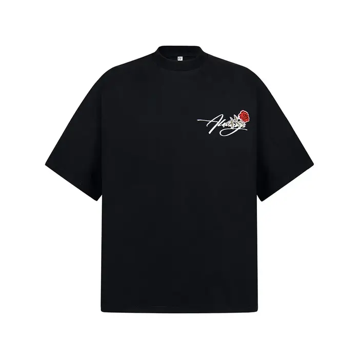 Rose fleur broderie à manches courtes T-shirt hommes rétro haute rue demi-manches ample col rond coton