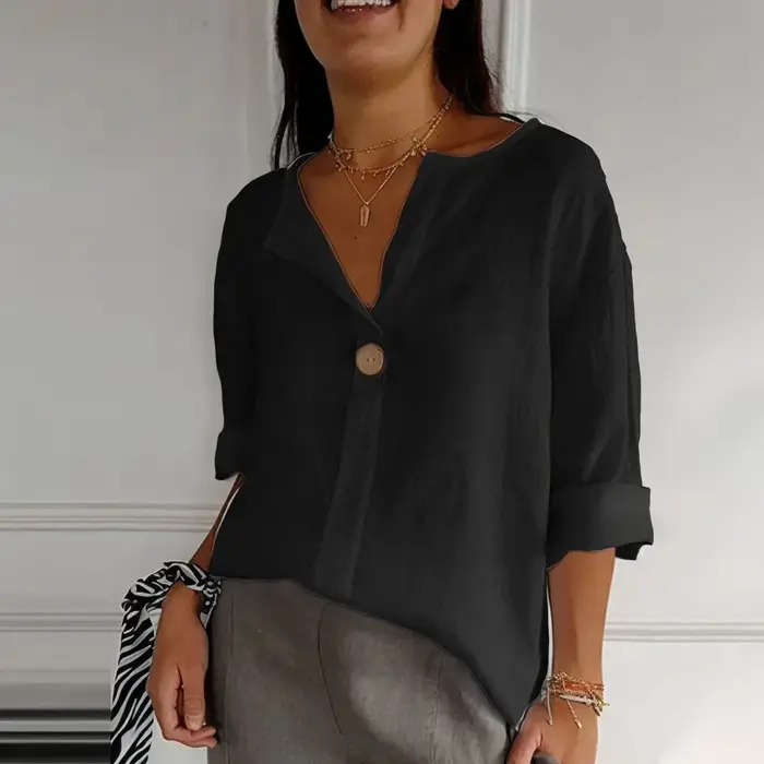 Blouse décontractée pour femme 2026 – Nouveau T-shirt ample d'été en coton et lin à col en V avec bo