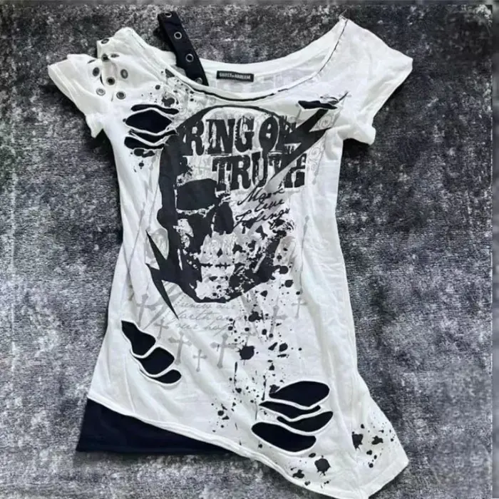 Gothique t-shirts à manches courtes crânes décontracté Punk Hip Hop rue hottie Femme t-shirt graphique t-shirts Vintage vêtements 2000s femmes haut