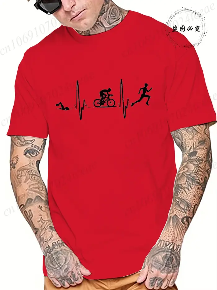 Hommes mode t-shirt décontracté hauts Cool drôle Triathlon battement de coeur conception impression