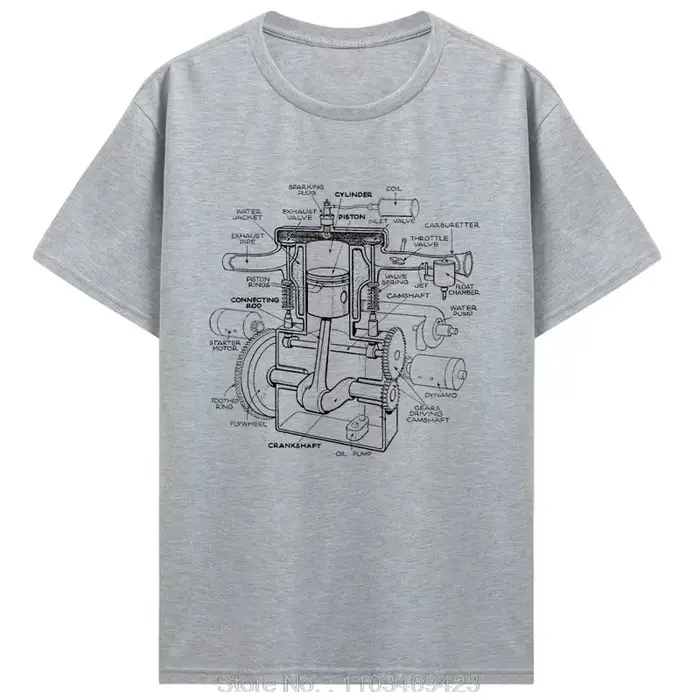 T-shirt en coton imprimé avec motif de composants de moteur de voiture pour hommes - Chemise d'été à manches courtes. Convient aux passionnés de mécanique automobile