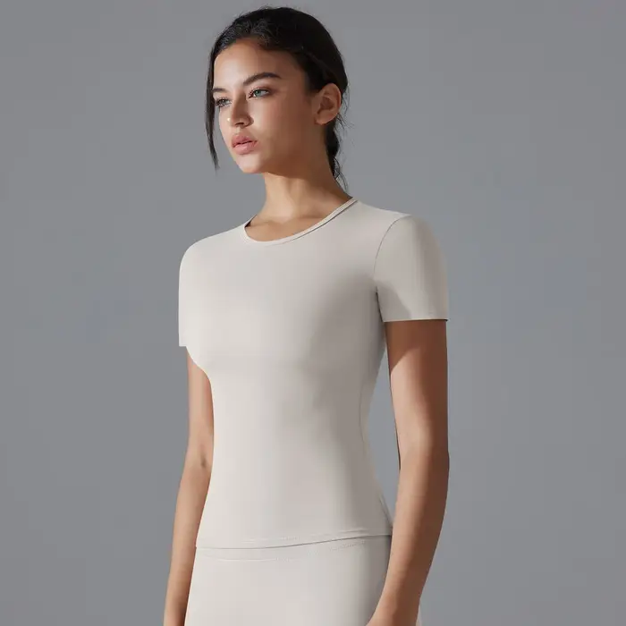 Femmes course sport t-shirt été à manches courtes col rond respirant extensible GYM Yoga mince Fitness haut actif