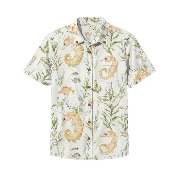 Chemise hawaïenne Aloha vibrante hippocampe et corail pour hommes