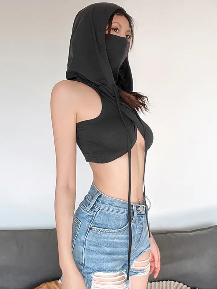 Débardeur Sexy à capuche solide pour femmes, vêtements, embout court, Design croisé, Streetwear, sans manches, Y2k, haut court