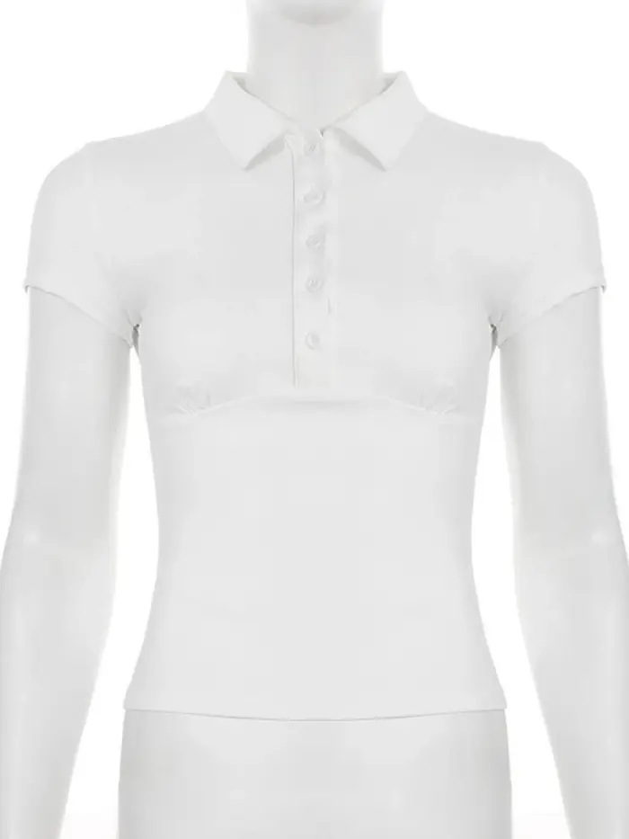 Col rabattu t-shirts pour femmes Streetwear à manches courtes haut court Y2k vêtements boutons t-shirt solide Camisetas mince Ropa Mujer