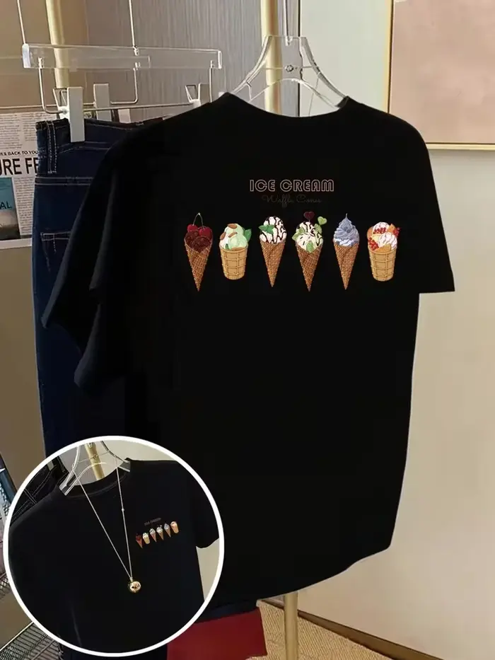 T-shirt rétro pastel à col rond et manches courtes