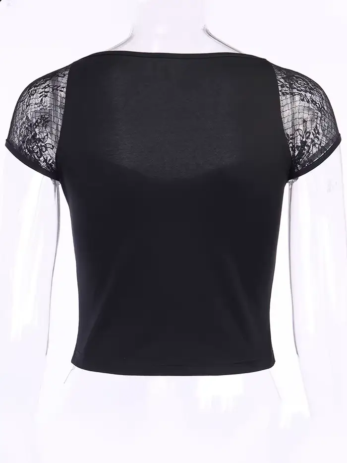 Vintage hauts Goth T-shirt femmes moulante pansement dentelle noir T-shirts gothique Streetwear Sexy
