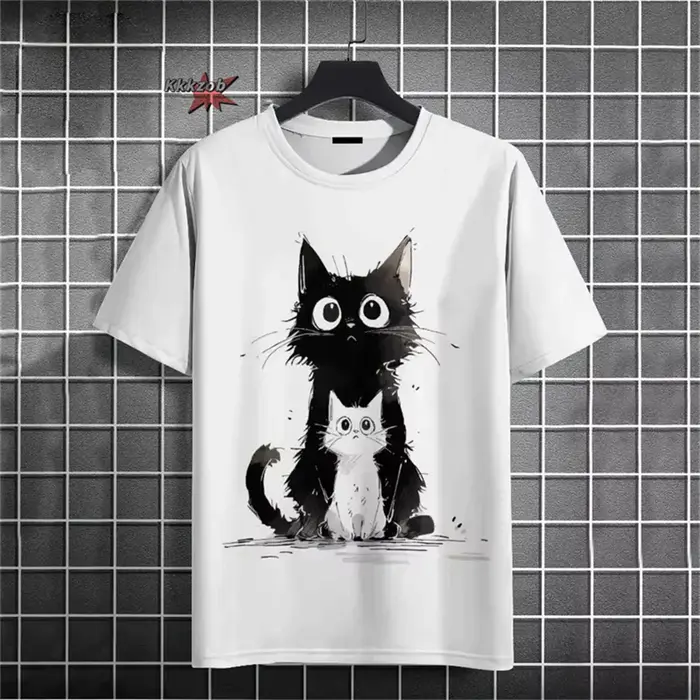 Japonais Ukiyo-E motif de chat mignon col rond hommes à manches courtes quotidien surdimensionné T-S