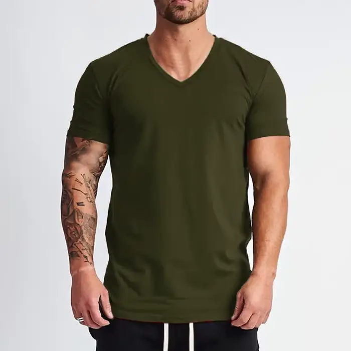 Nouvelle mode col en v T-shirt hommes coton coupe ajustée à manches courtes