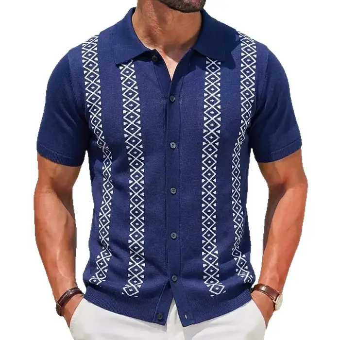 Chemise tricotée jacquard rayée d'été pour hommes européens et américains