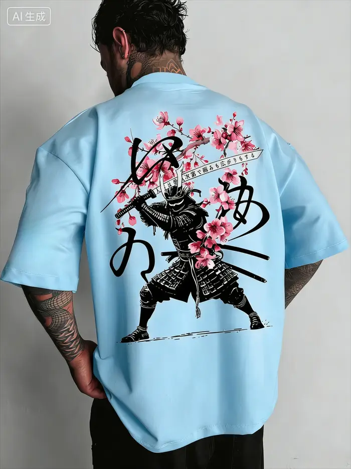 T-shirt imprimé couteau de samouraï japonais à fleurs de cerisier pour homme