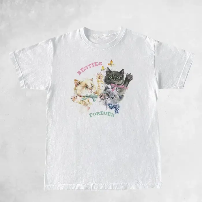 Mignon chaton Besties pour toujours femmes graphique hauts mode surdimensionné t-shirt Vintage esthétique Cottagecore