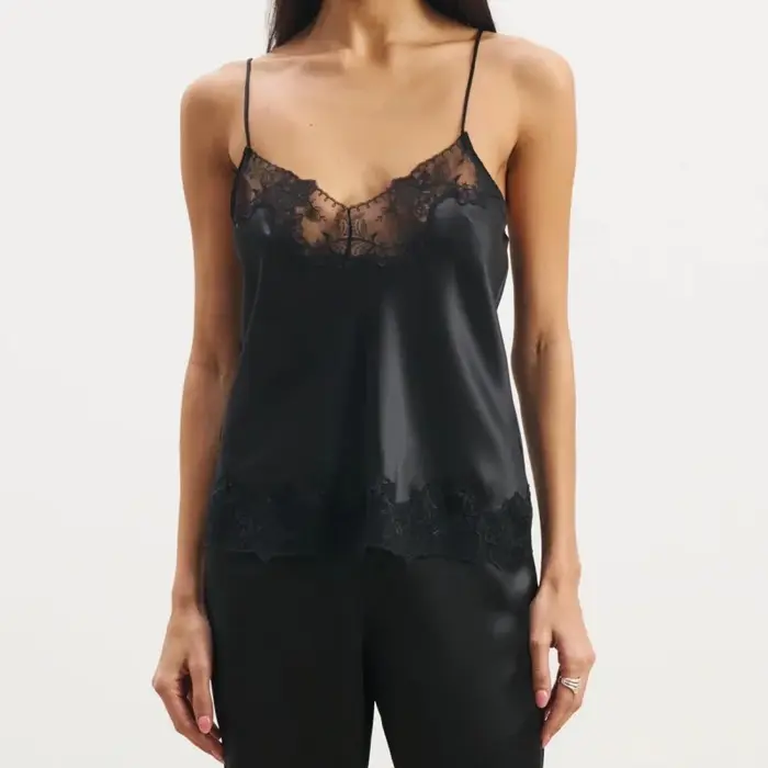Débardeur Chic en Satin pour femmes, garniture en dentelle, col en V, soie, sans manches, bretelles 
