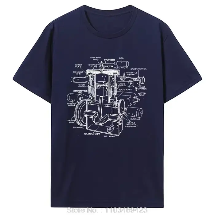 T-shirt en coton imprimé avec motif de composants de moteur de voiture pour hommes - Chemise d'été à manches courtes. Convient aux passionnés de mécanique automobile