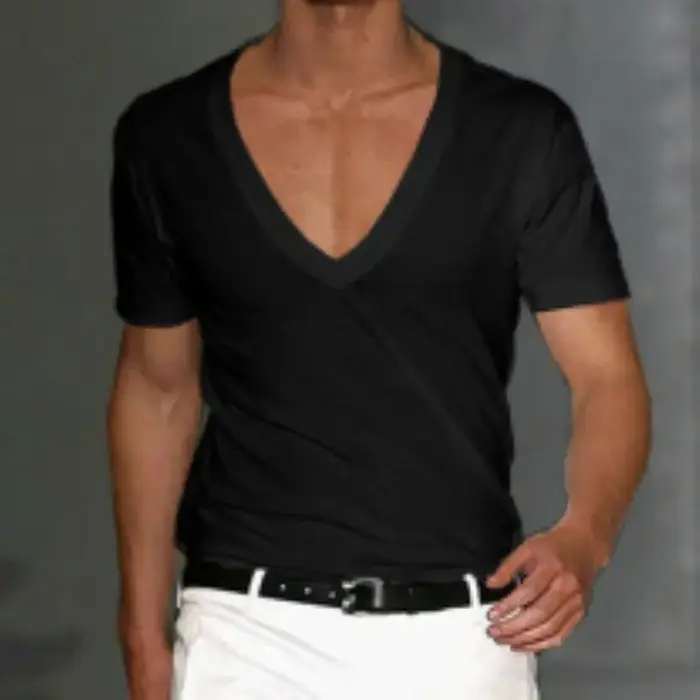 T-shirt basique blanc à manches courtes et col en V profond pour hommes
