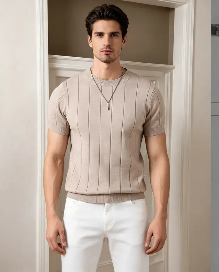 Polo à manches courtes en tricot côtelé pour homme | T-shirt à col rond uni coupe ajustée | Haut décontracté d'été