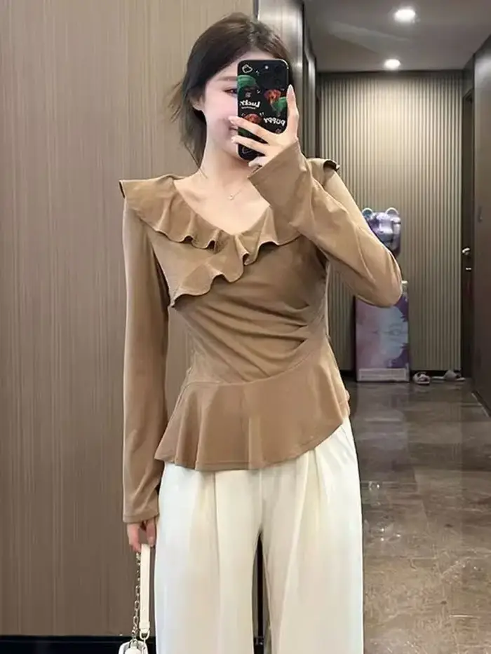 T-Shirt à manches longues et col en v pour femme