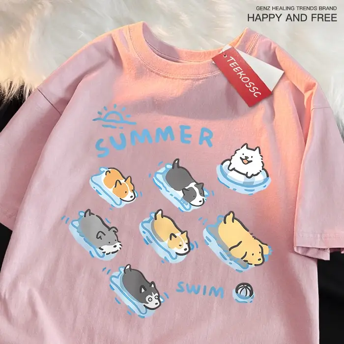 T-shirt de style japonais amusant pour la natation, chat et chien, t-shirts d'été décontractés pour femmes, t-shirt en coton respirant à la mode