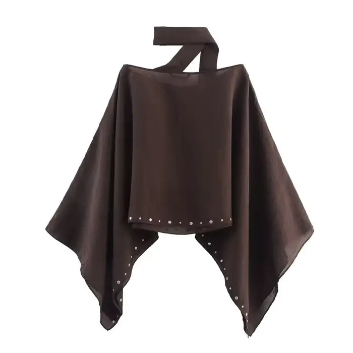 Haut décontracté ample à manches chauve-souris et épaules dénudées pour femme avec clous - Blouse tendance printemps-été pour les sorties quotidiennes et les voyages