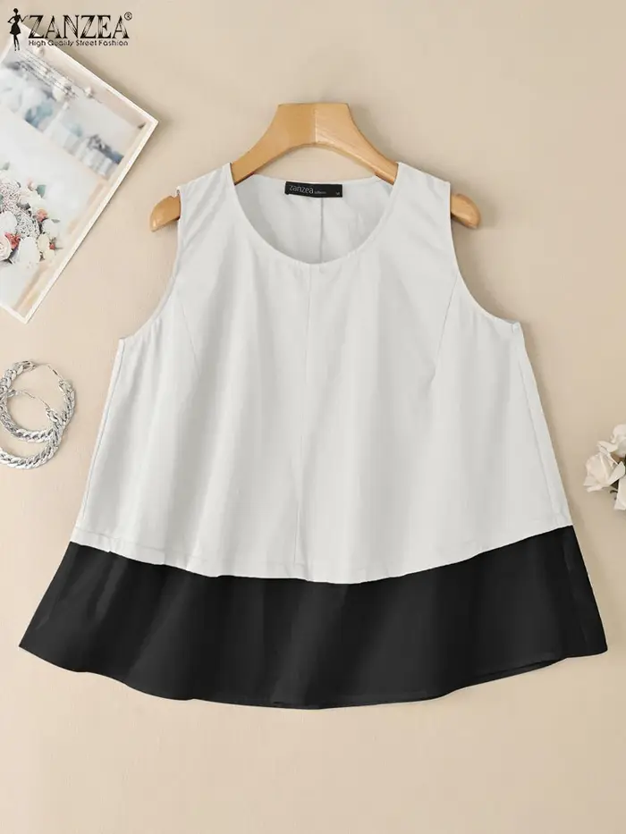 2025 femmes été débardeurs ZANZEA coton Camis Vintage col rond sans manches vacances Blouse rétro chemise ample t-shirts occasionnels surdimensionné