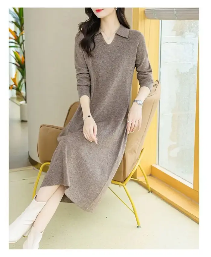 Robe verte en tricot à manches longues et col Polo pour femme