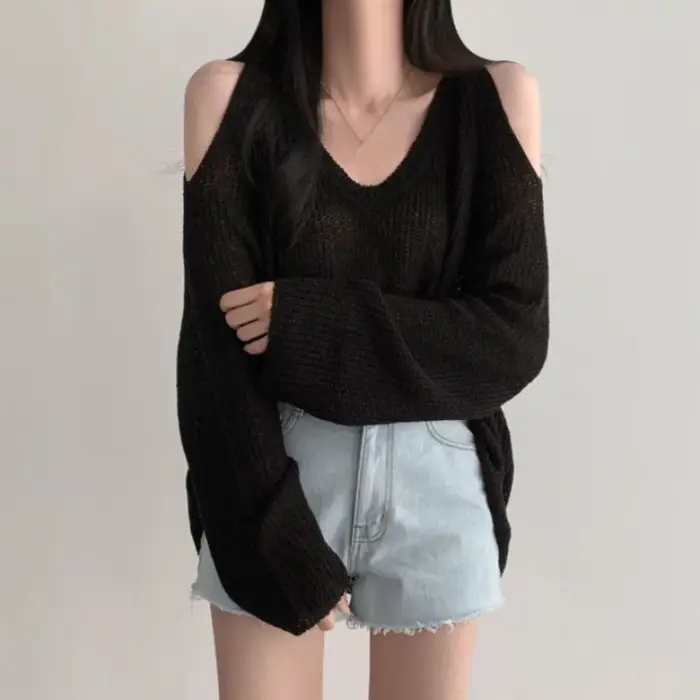 T-shirt long chic en maille ajourée à manches longues, pull en crochet, col en V, haut ample en tric
